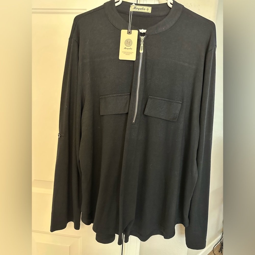 MOYABO NWT 2X BLACK LONG ROLL TAB SLEEVE SHIRT TOP